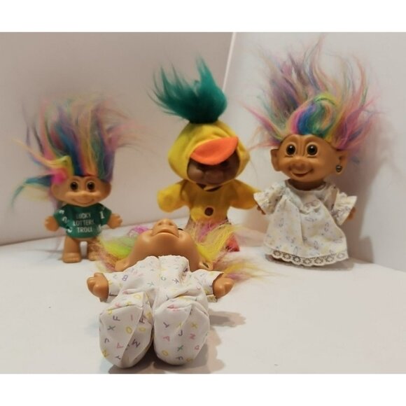 Vintage Lot of 4 Trolls - Lotto Rainbow Chicken and Baby Rainbow - Picture 2 of 16